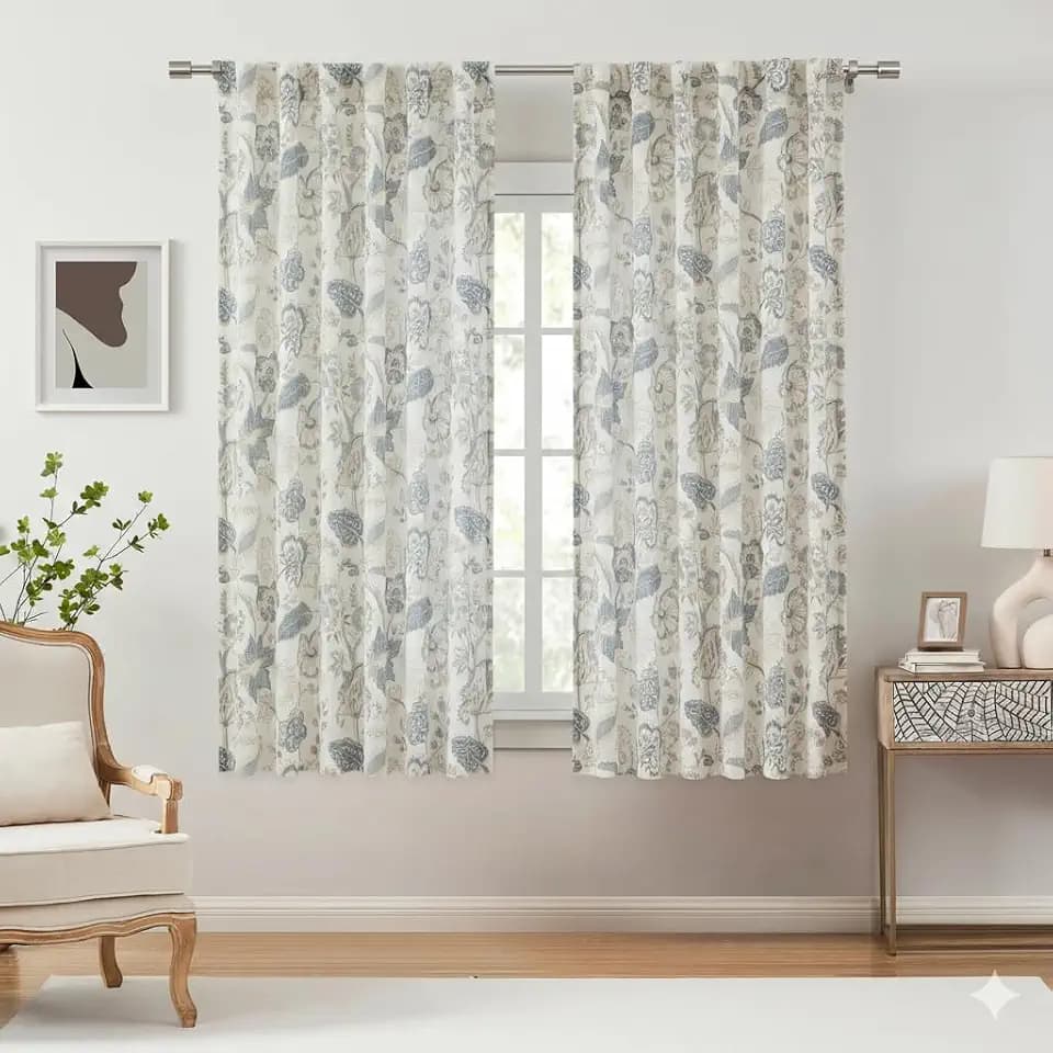 Kayne Studio Blue Grey Floral Botanical Rod Pocket Semi Sheer Curtains 63"