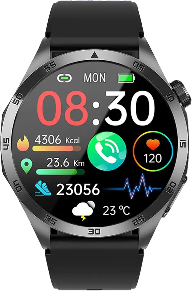 Knauermann PRO 3 Fan Edition rund (2025) Schwarz, Gesundheitsuhr Smartwatch mit Telefoniefunktion, EKG Plus HRV und SOS Funktion, BT Bluetooth, Schlafapnoe, Silikonband Schwarz, 14-24