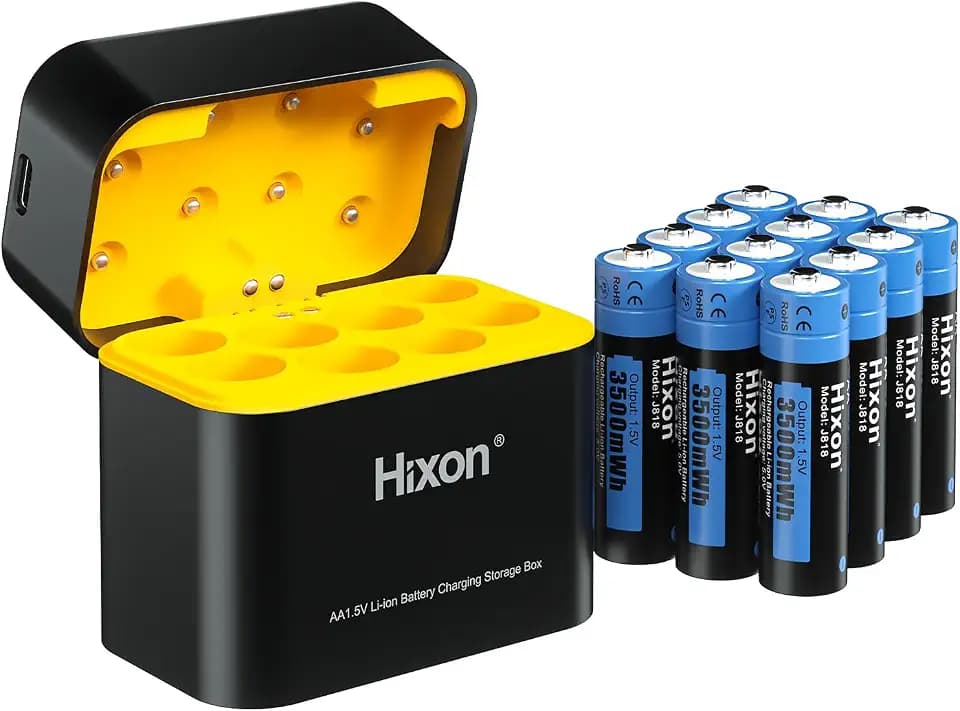 Hixon Wiederaufladbare Lithium Akku AA, 12 Stücken 1.5V Li-Ion AA Akku mit Ladegerät, über 1600 Zyklen und 3500mWh Hohe Reale Kapazität Wiederaufladbare Lithium AA Akku