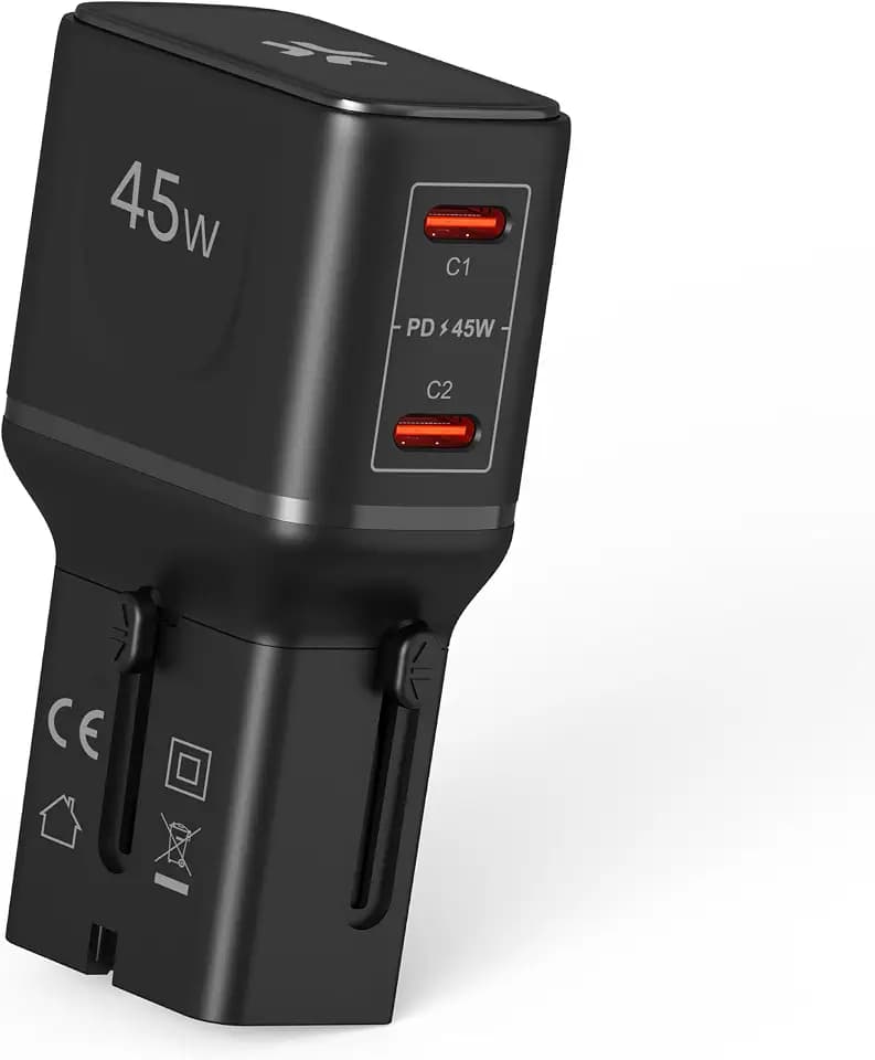 Celly Universal-Reiseadapter 45 W mit doppeltem USB-C-Anschluss, kompatibel mit 150+ Ländern, Schnellladung, schlankes und sicheres Design