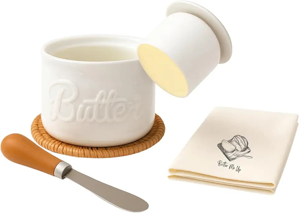 Premium French Butter Crock Gift Set – White Ceramic Round Water Seal Butter Keeper With Acacia Spreader, “Butter Me Up” Tea Towel & Rattan Trivet – Keeps Butter Fresh & Spreadable– Countertop Storage