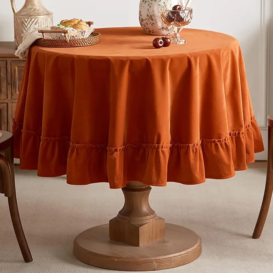 Soft Luxurious Velvet Tablecloth, Ruffled Solid Color Round Thick Tablecloth, Vintage Farmhouse Oval Style, Washable, Suitable Parties, Weddings, Baby Showers, Kitchen.(60 Inch Round) Orange