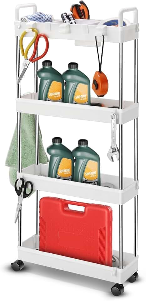 Auto Dynasty 4-Tier Rolling Utility Cart w/Handle, Narrow Storage, White