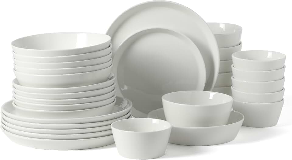 Martha Stewart Selma Plates and Bowls Sets, 30-Piece Porcelain Dinnerware Set for 6, White Dish Set with Dinner Plates, Dessert Plates, Pasta Bowls, Cereal & Fruit Bowls