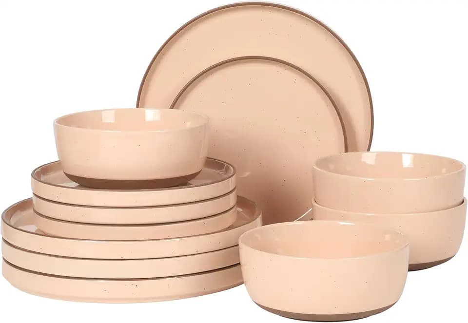 Gibson Elite Northrock Stoneware Dinnerware Set, 12-Piece Service for 4 Plates and Bowls Set – Pink Dishes with Hand-Painted Terracotta Base