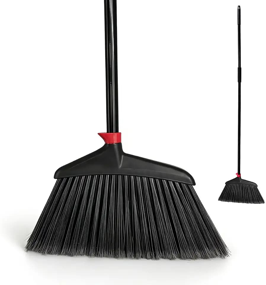 Heavy-Duty Broom - Commercial Broom for Indoor Outdoor Cleaning 63 Inch Adjustable Long Handle Angle Broom for Sweeping Hardwood Tile Concrete Garage Patio Kitchen (Black+Red)