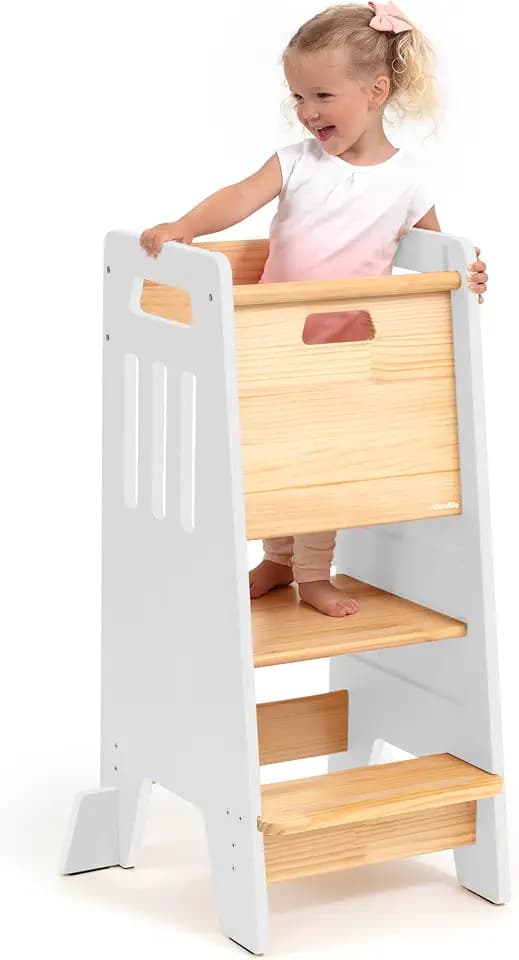 Toddler Tower with Sliding Door - 3 Adjustable Heights - 2026 Design -White