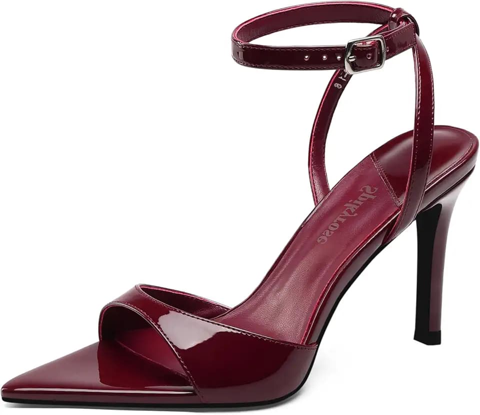 Women's Pointed Toe High Heel Sandals Glossy Patent Leather Stiletto Pumps Ankle Strap Open Toe Dress Shoes for Party
