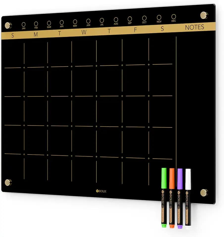 Yeoux Black Glass Monthly Dry Erase Calendar Board for Wall, 17" x 23"