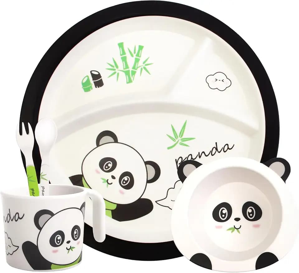 Bamboo Toddler Dinnerware Set,5Pcs Baby Plates and Bowls,Kids Dinnerware Set,Bamboo Kids Plates and Bowls Set,Christmas Kids Dishes Dinnerware Sets with Plate,Bowl,Cup,Fork and Spoon (Panda)