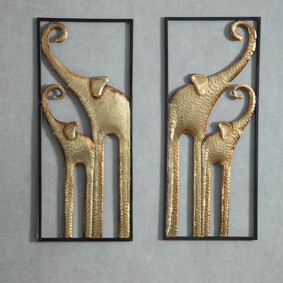 HKaikzo Gold Elephant Wall Decor Set of 2, African Metal Art Large 3D Sculptures for Living Room, Boho Animal Decorations Modern Wall Hanging Gift for Housewarming(11.8x27.6in)