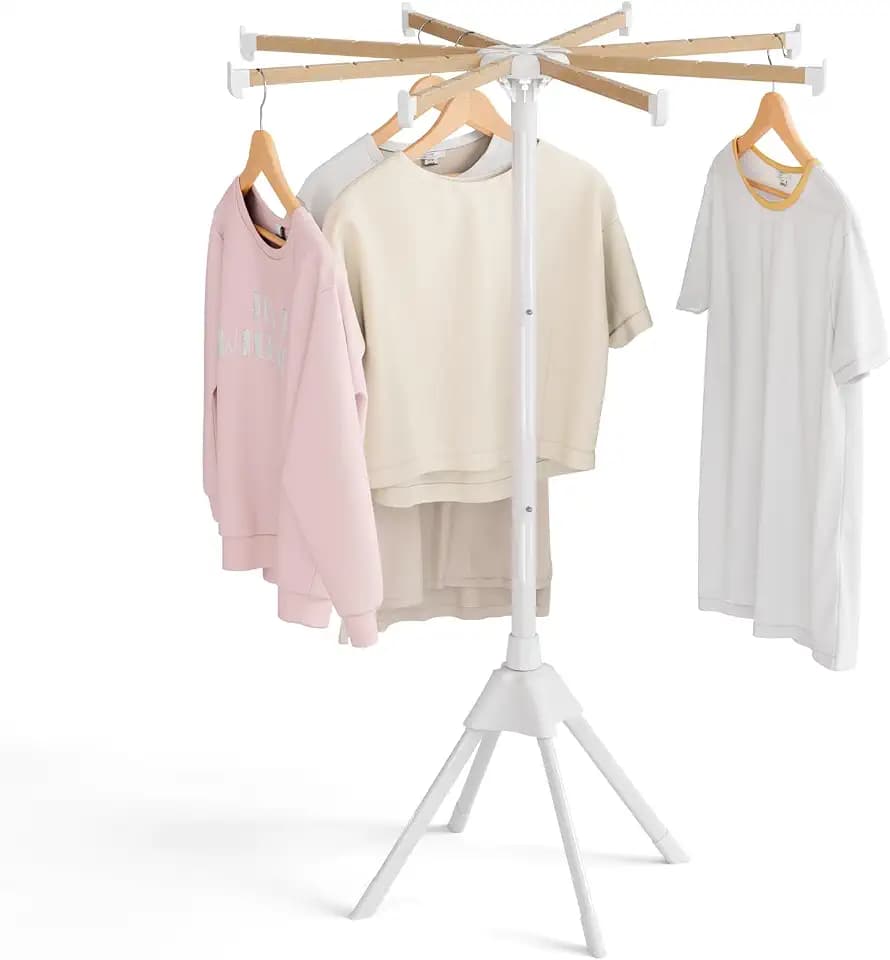 Wood Clothes Drying Rack, Foldable Collapsible Laundry Rack with 8 Adjustable Rods, Stable Space Saving Garment Organizer for Indoor Outdoor, Laundry Room, Bedroom, Bathroom, Balcony, RV, Camping
