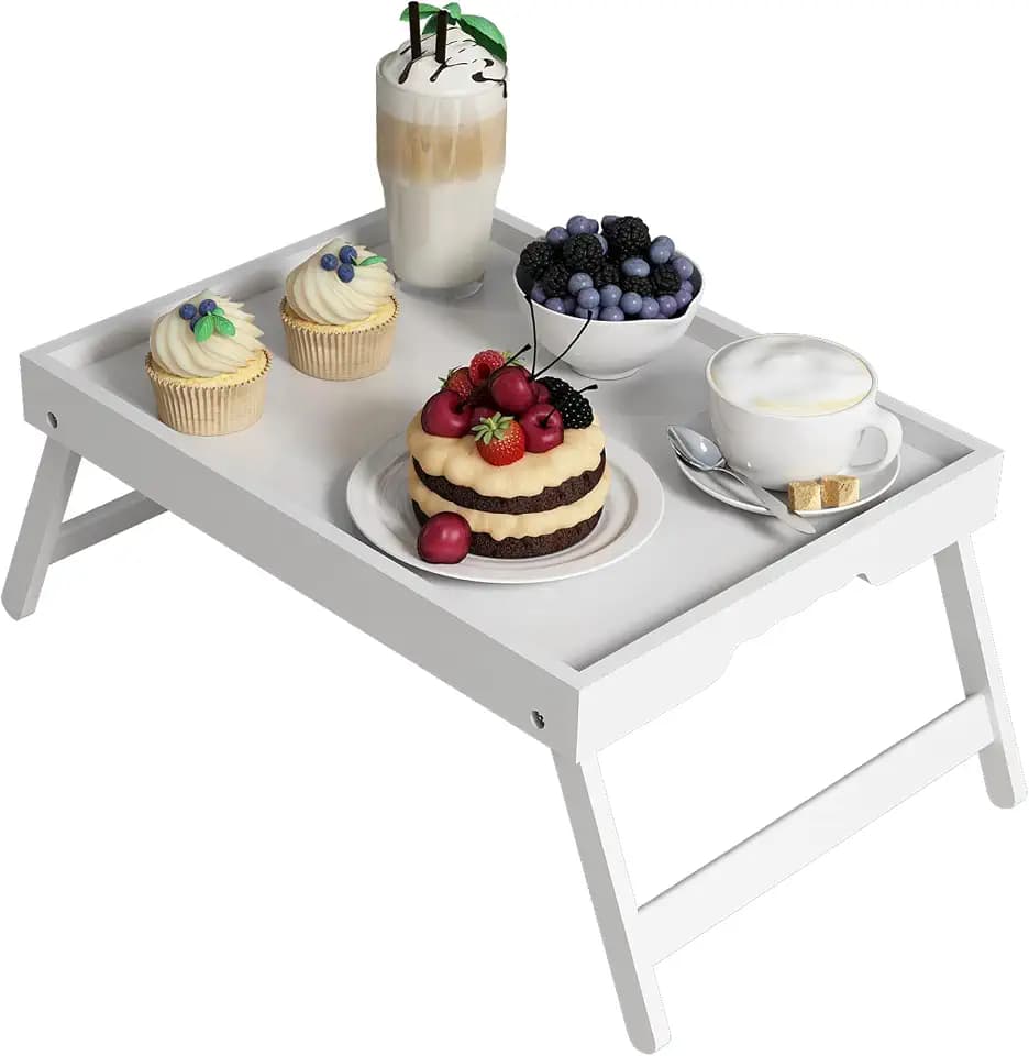 Youpehom Bamboo Bed Tray Table with Folding Legs, Large, White