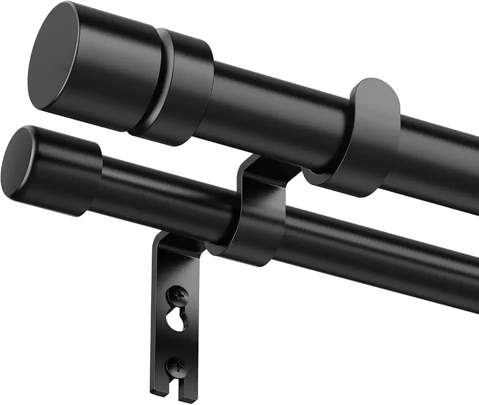 Double Curtain Rod for Windows 48 to 84 1 Inch Heavy Duty Decorative Drapery Rod with 5/8 Inch Adjustable Small Black Curtain Rods for Living Room Bedroom(32"-90")
