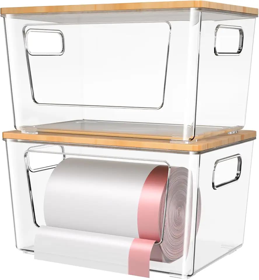 spospo 2 Pack Trash Bag Holder with Bamboo Lid Stackable Trashbag Dispenser