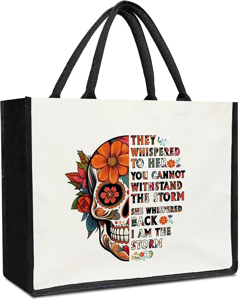Mexican Sugar Skull Canvas Tote Bag for Women, Aesthetics Tote Bag, I Am The Storm, Sugar Skull Gifts for Women Dia De Los Muertos Reusable Mother's Day Beach Bags -07