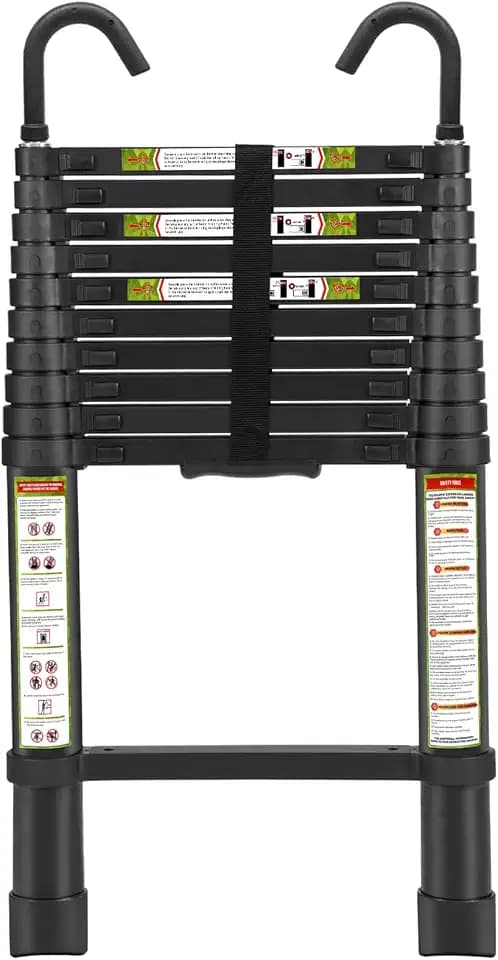 RIKADE Telescoping Ladder, 10.5 FT Lightweight Collapsible Ladder with Detachable Hooks, 330 lbs Capacity, Extension Ladder for Attic, Loft & Household, Black