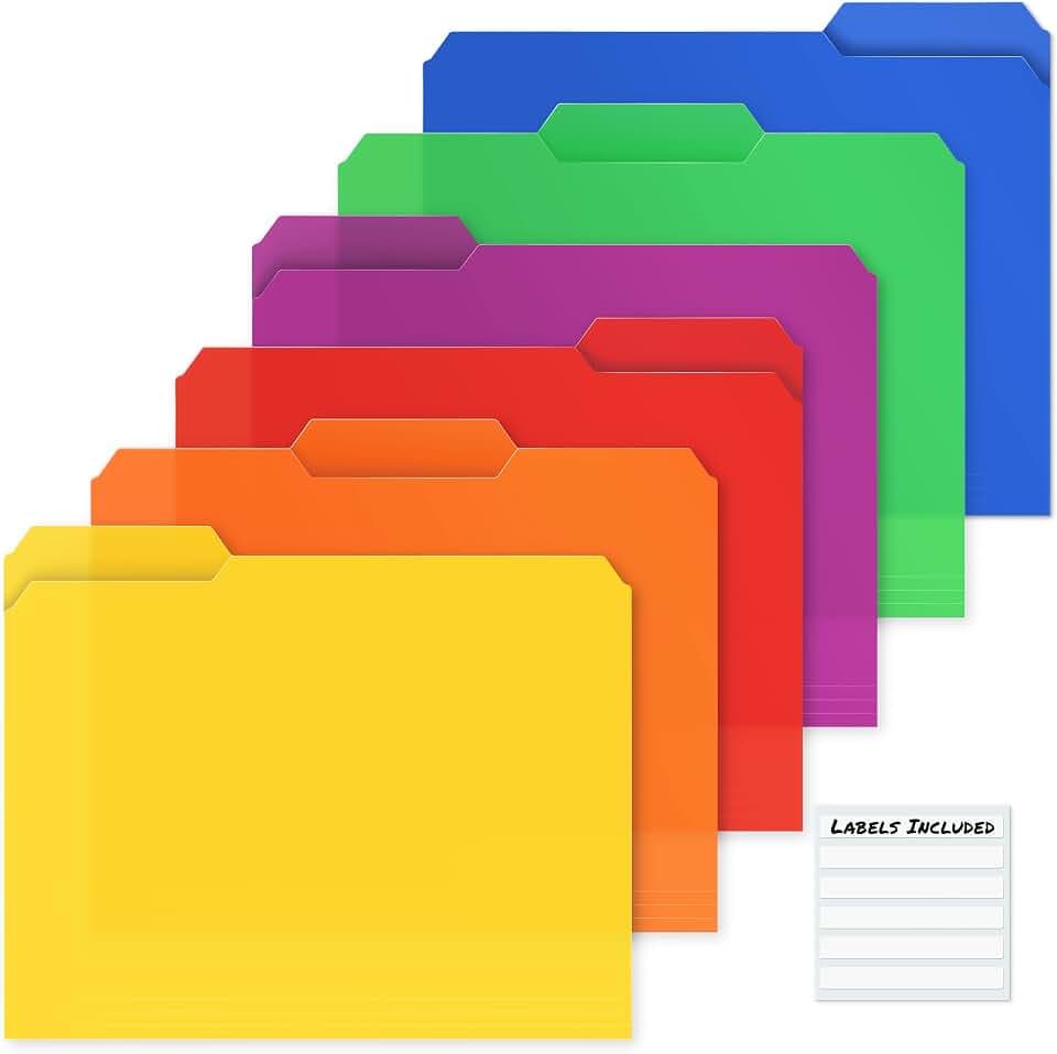 Dunwell Plastic Colored File Folders, 1/3 Tab, Letter Size, 12 Pack