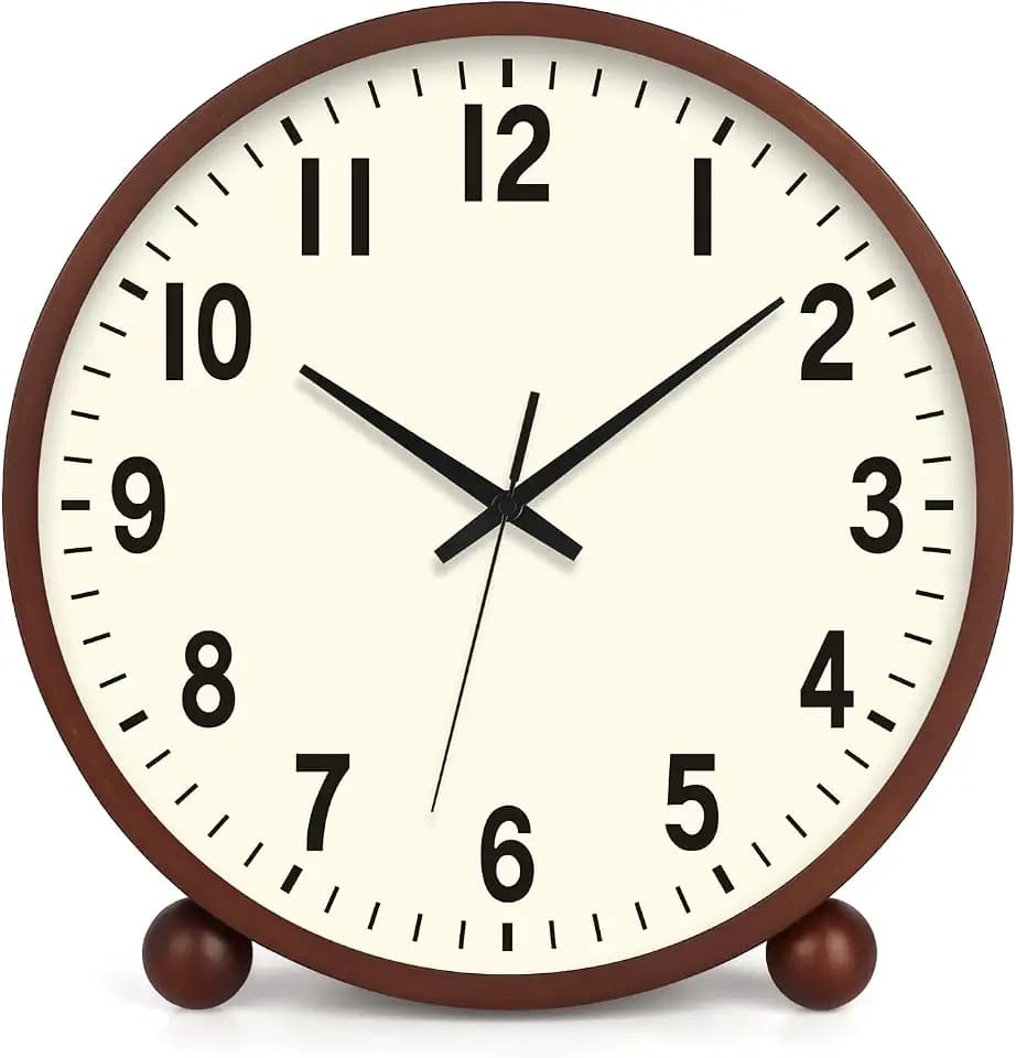 Maxspace Wooden Table Clock,8in Silent Non-Ticking Desk Clock,Battery Operated Desktop Analog Clock for Living Room Bedroom Kitchen Office Classroom Decor (Walnut - Cream Finish)