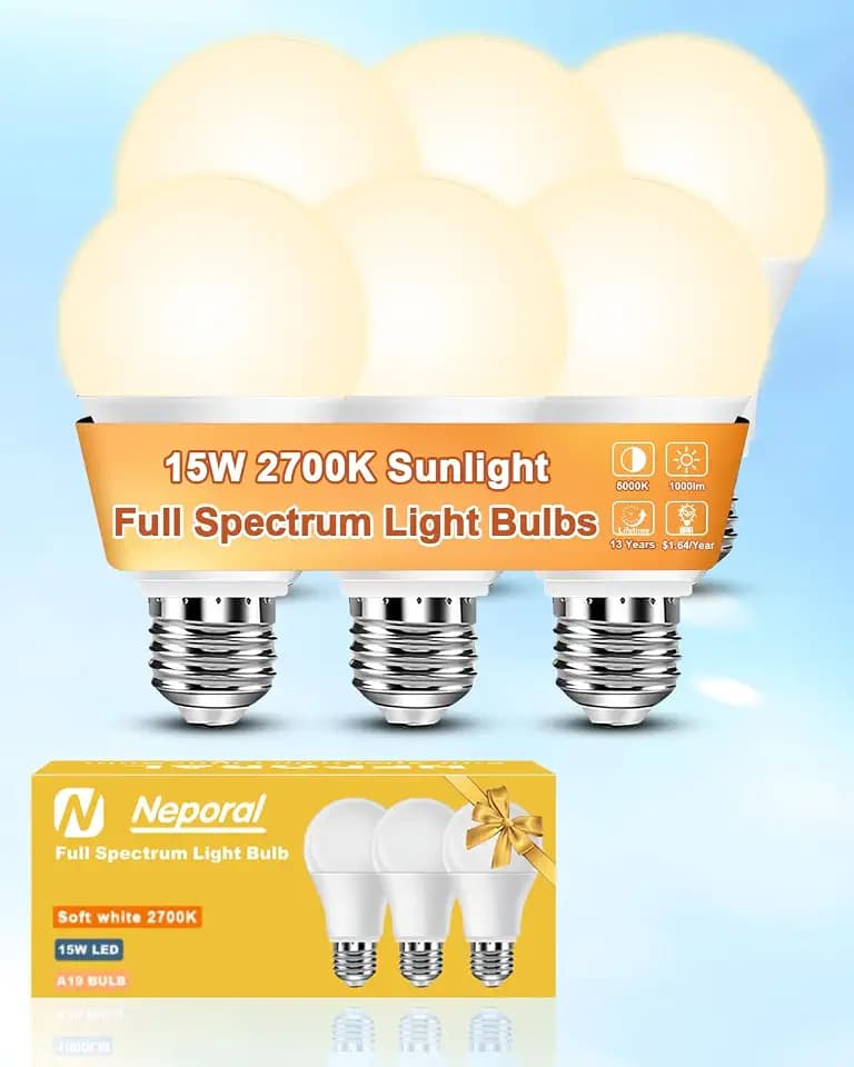 Neporal Full Spectrum Light Bulb 15W 1000LM Bright, High 90 CRI & Flicker-Free & UV-Free & Eye-Caring LED Sunlight Light Bulbs for Home/Office/Plant/Read, A19 E26/E27 Base - 2700K Soft Warm White 6PK