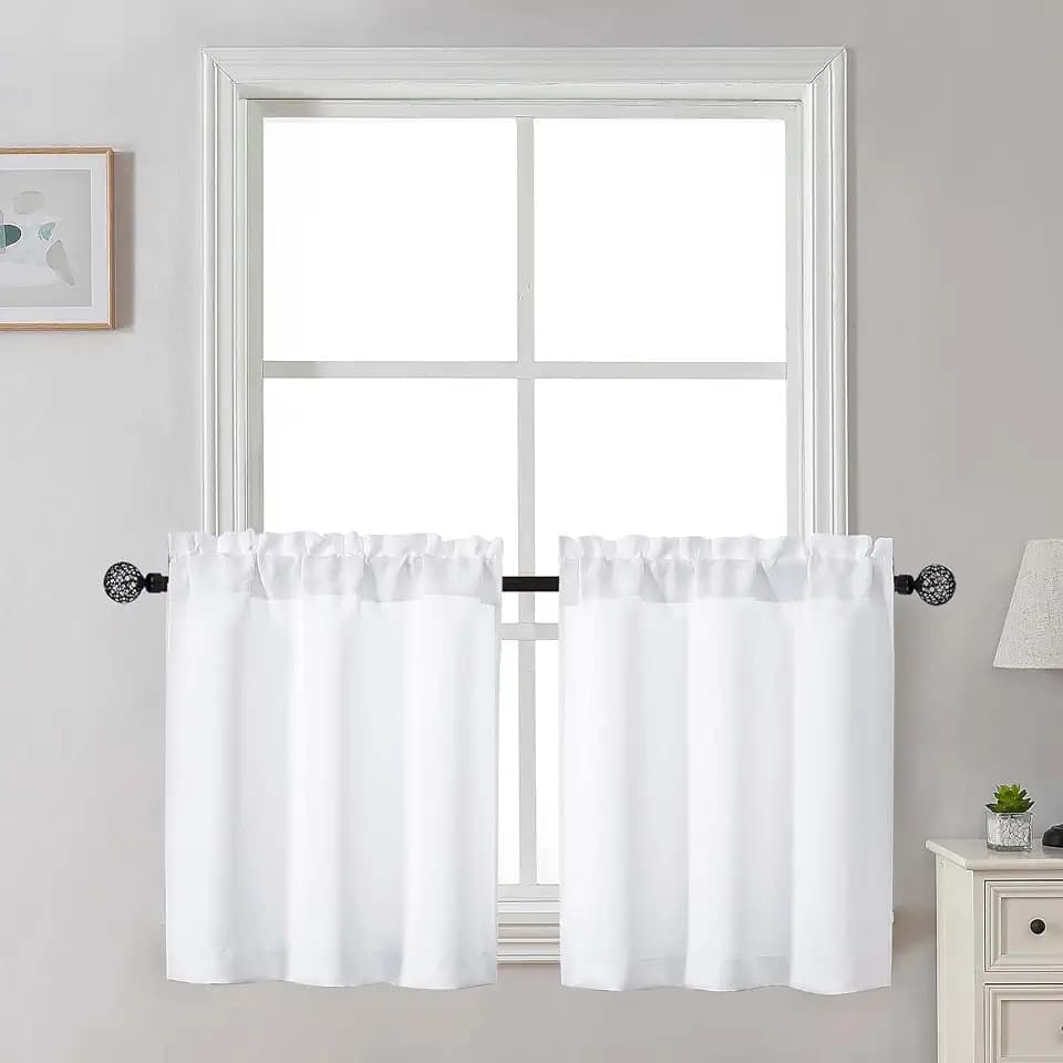 Gwine 24 Inch Length Kitchen Curtains Sets, Light Filtering Half Window Short Curtain Tiers for Bathroom Basement Cabinet Camper Small Windows, 2 PCS, Each 30" Wx24 L, Pure White