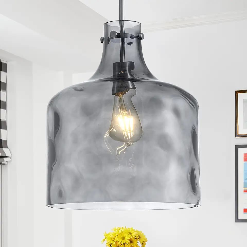 12" Smoked Gray Farmhouse Pendant Light, Hammered Glass, E26 Light