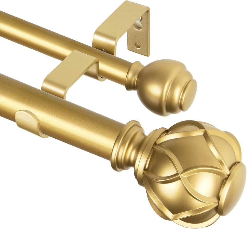 KAMANINA Double Curtain Rods for Windows 72 to 144 Inch, Adjustable, Gold