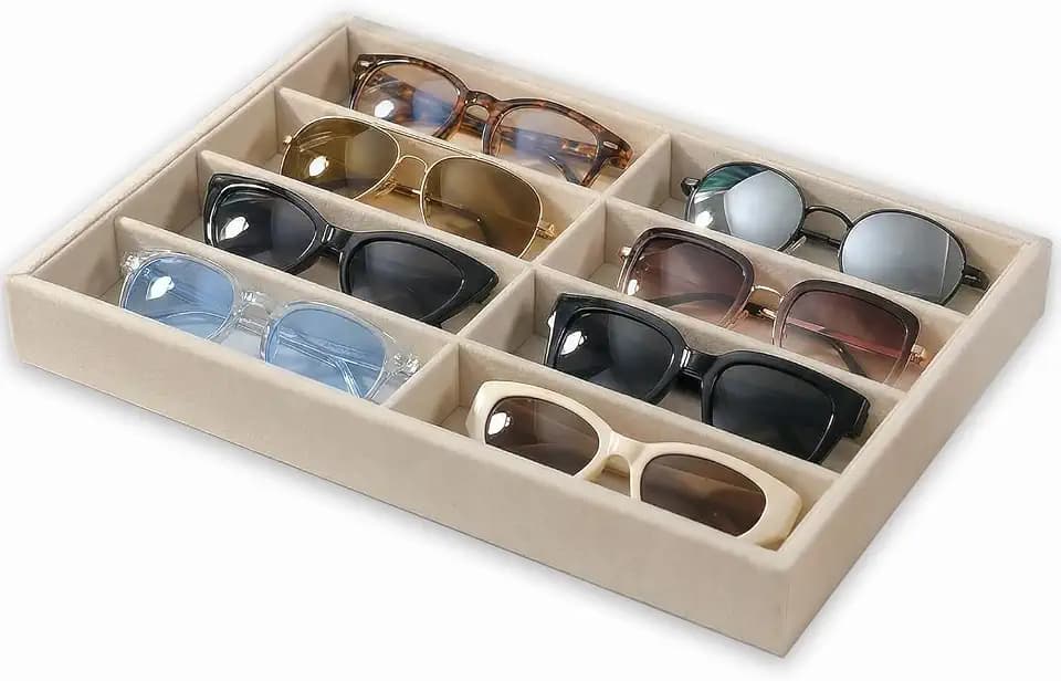 Sunglass Organizer Beige Velvet Glasses Trays for Drawer Eyeglasses Watches Jewelry Display Sunglass Box- Men Women (8 Grids)