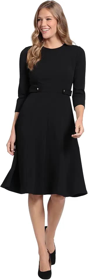 London Times Women's London Times Women's Dresses Crepe Fit and Flare Midi with Waist Button Detail