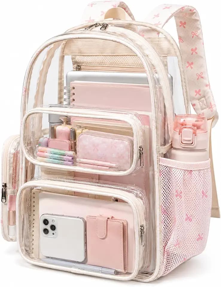 CAMTOP Clear Backpack Heavy Duty Transparent Bag See Through BookBag for Student School Work Festival Sport Travel (Beige with Pink Bow)