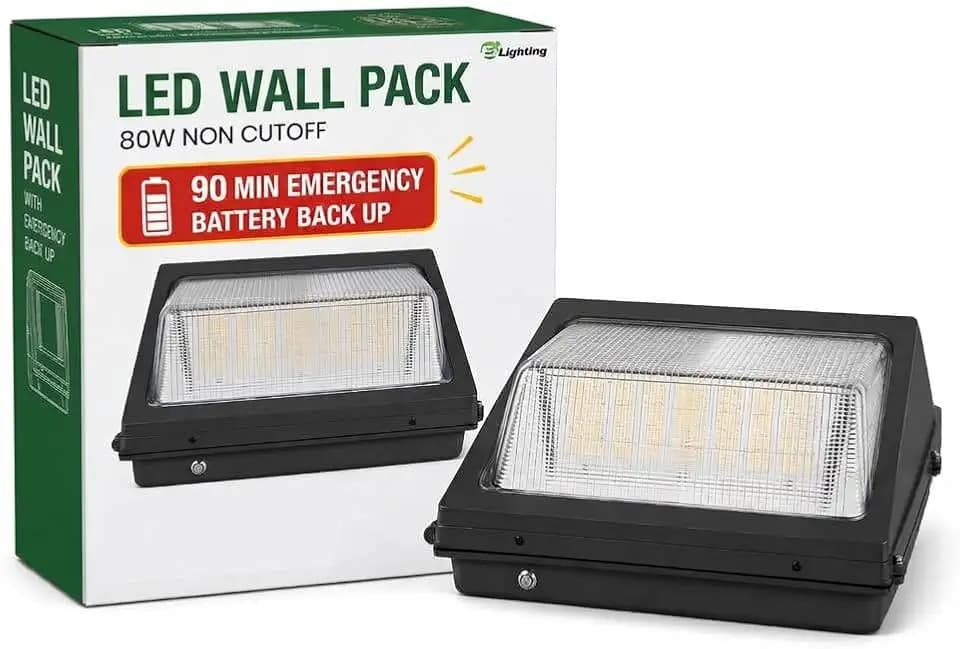 E2 LIGHTING 80W, 60W Non Cutoff LED Wall Pack, Emergency Battery Backup