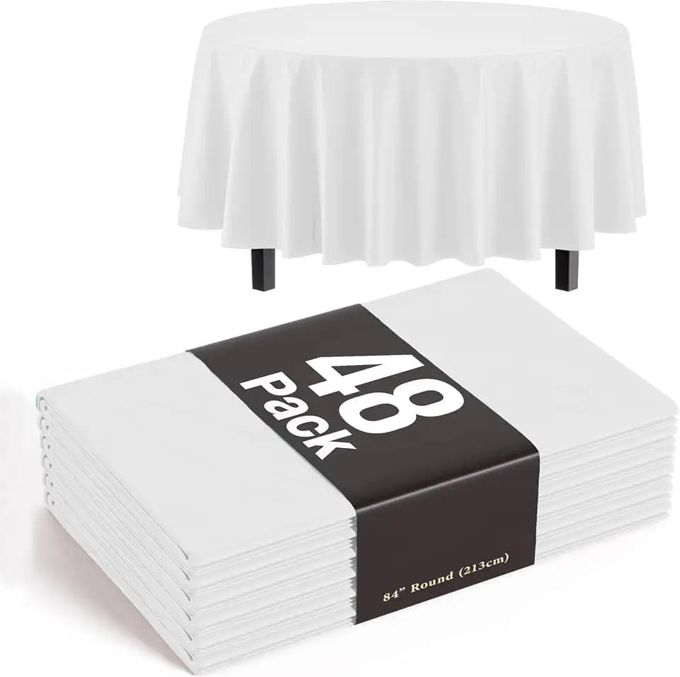 Exquisite 66% Thicker White Round Tablecloth 84" - 48 Pack