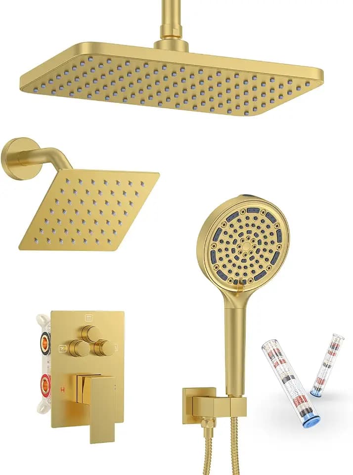 Brushed Gold Dual Shower System 11" Rain+6" Wall Head& 6-Mode Handheld