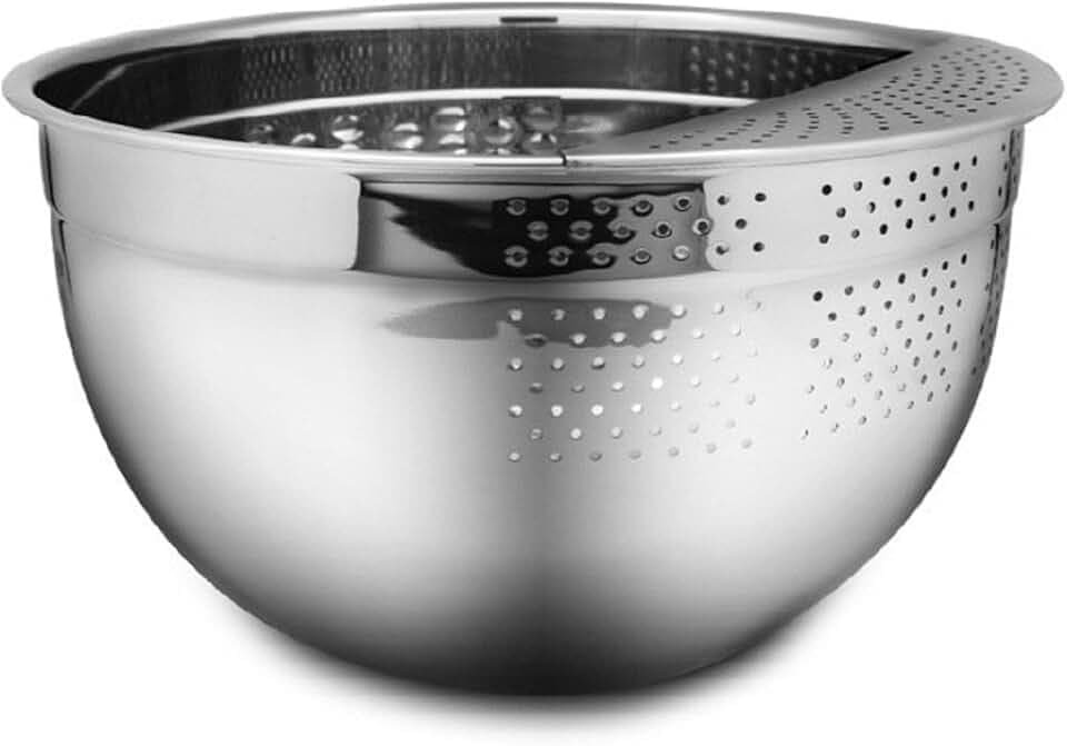 Bella Cuisine Colander Rice Washing Bowl Strainer Punching Basket Stainless Steel (9.4 inches)