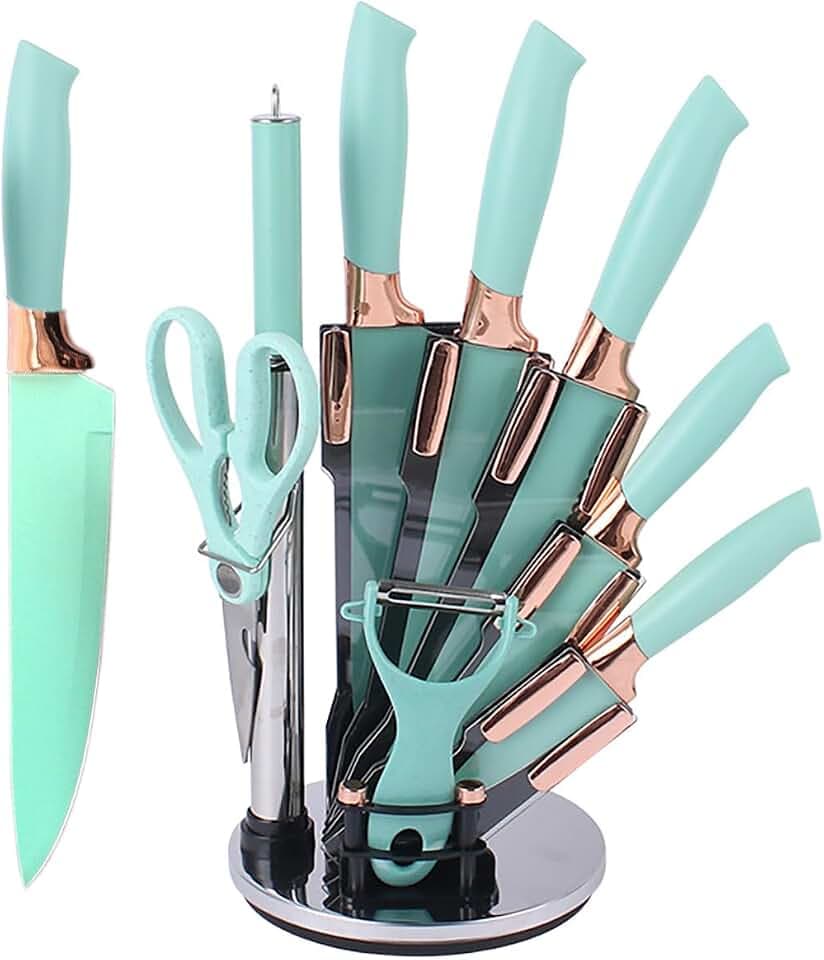 Kitchen Knife Set, 9Pcs Stainless Steel Non Stick Knife Block Set, Sharp Cutlery Knives Set with Sharpener Knives Set with Rotatable Storage Stand,Scissors (Teal)
