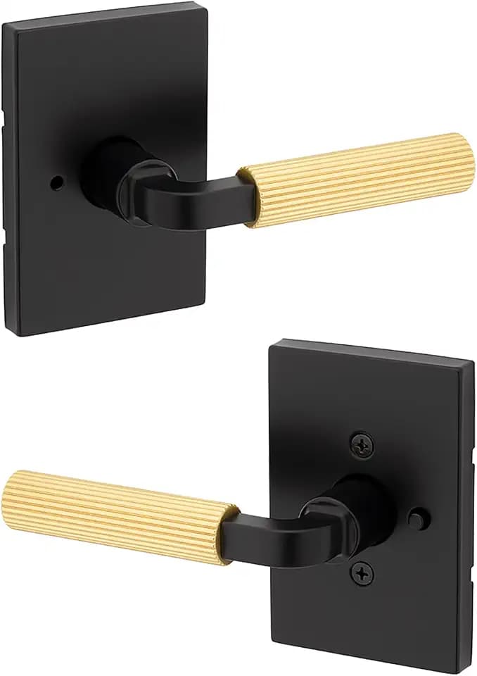 Kwikset Mirada Reeded Interior Privacy Door Handle with Lock, Handle for Bathroom and Bedroom, Matte Black Satin Brass, Reversible Keyless Push Button Lock