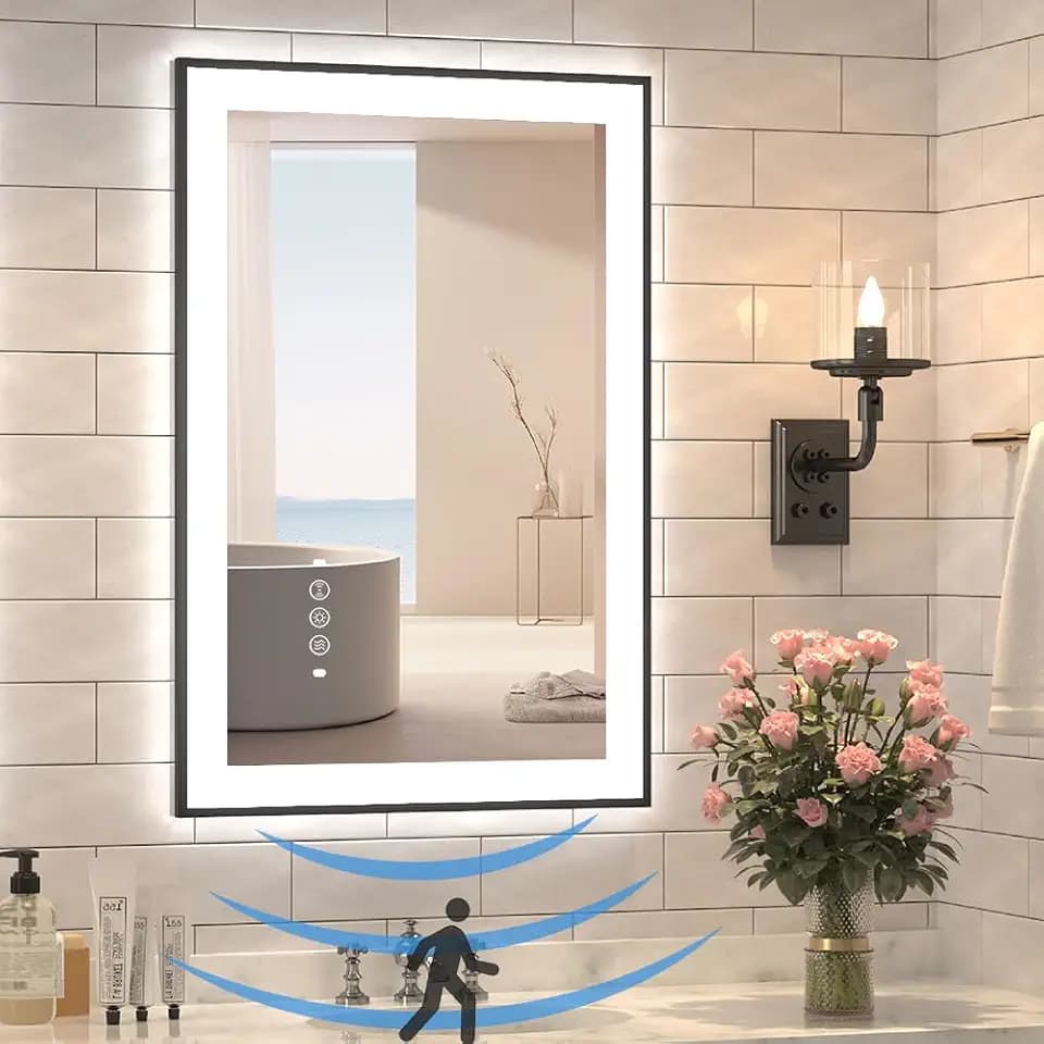 24 x 36 Inch LED Bathroom Mirror with Black Frame, Lighted Bathroom Mirrors for Vanity with Super Bright Front Light + Backlit, Anti-Fog, 3 Colors Stepless Dimmable Motion Sensor Smart Restroom Mirror