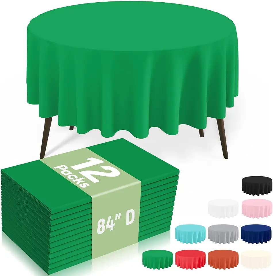 misaya 12 Packs Disposable Plastic Table Cloth, 84" Round Waterproof Tablecloth, Leakproof & Sturdy Decorative Table Covers for Picnic, Party, Outdoor and Back to School, Green