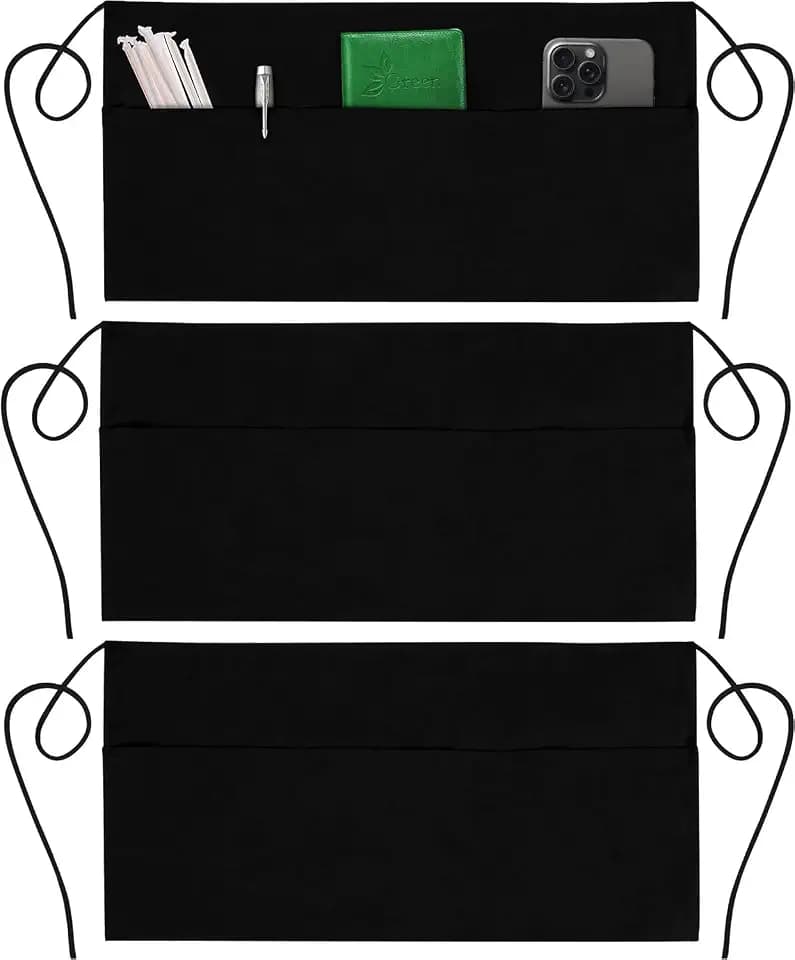GREEN LIFESTYLE 3 Pack Server Aprons with 3 Pockets - Waist Apron, Waitress Apron for Women and Man, Water Resistant with Long Waist Strap Reinforced Seams, Half Apron (Black)