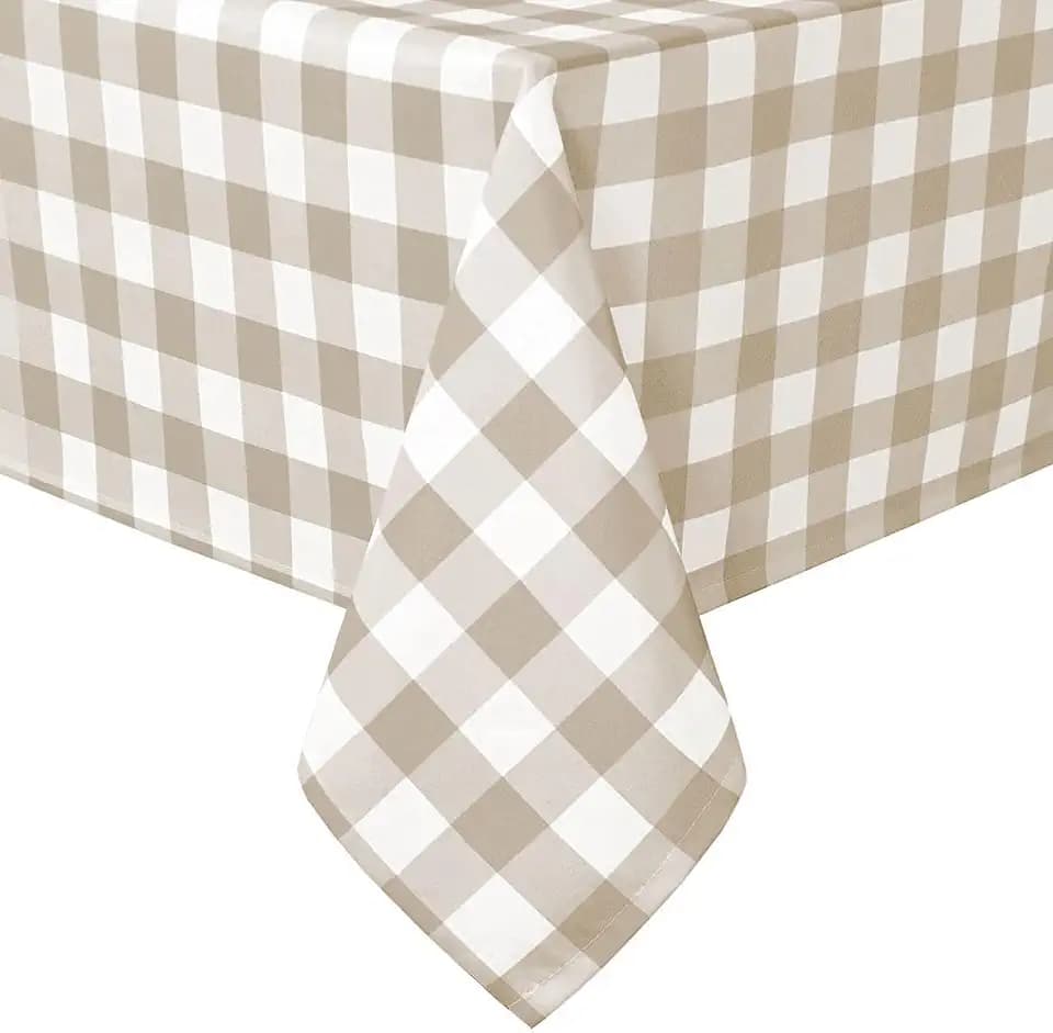 Hiasan Checkered Tablecloth Rectangle 70 x 90 Inch, Khaki and White