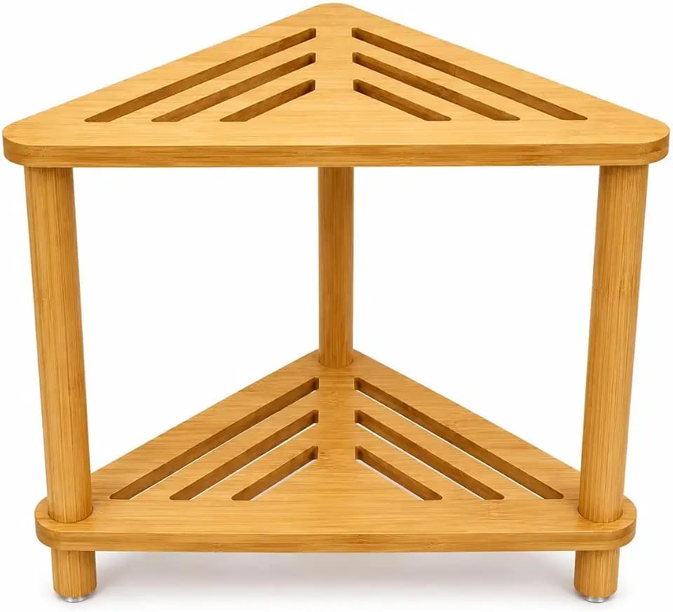 MinBoo Premium Waterproof Bamboo Corner Shower Bench for Inside Shower — Anti-Water Spa Seating, 2-Tier Storage Shelf, and Non-Slip Foot Rest Stool for Shaving Legs