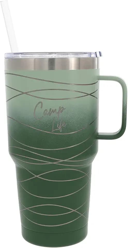 Pavilion Gift Company - Camp Life - Green Ombre 30 Oz Hot/Cold 6/12 Hr Travel Tumbler Handled Straw Mug Cup RV Tent Cabin Camper Camping Stainless Steel Drinkware
