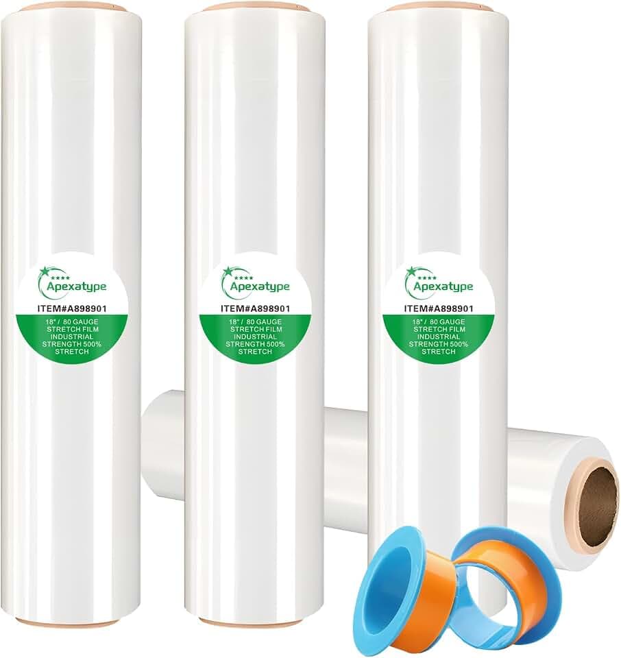 Plastic Shrink Wrap Roll for Moving – 18" x 1500', 80 Gauge, 500% Stretch, Heavy Duty Stretch Wrap Film for Shipping, Packing, Pallet & Furniture Protection – 4 Rolls with Handles
