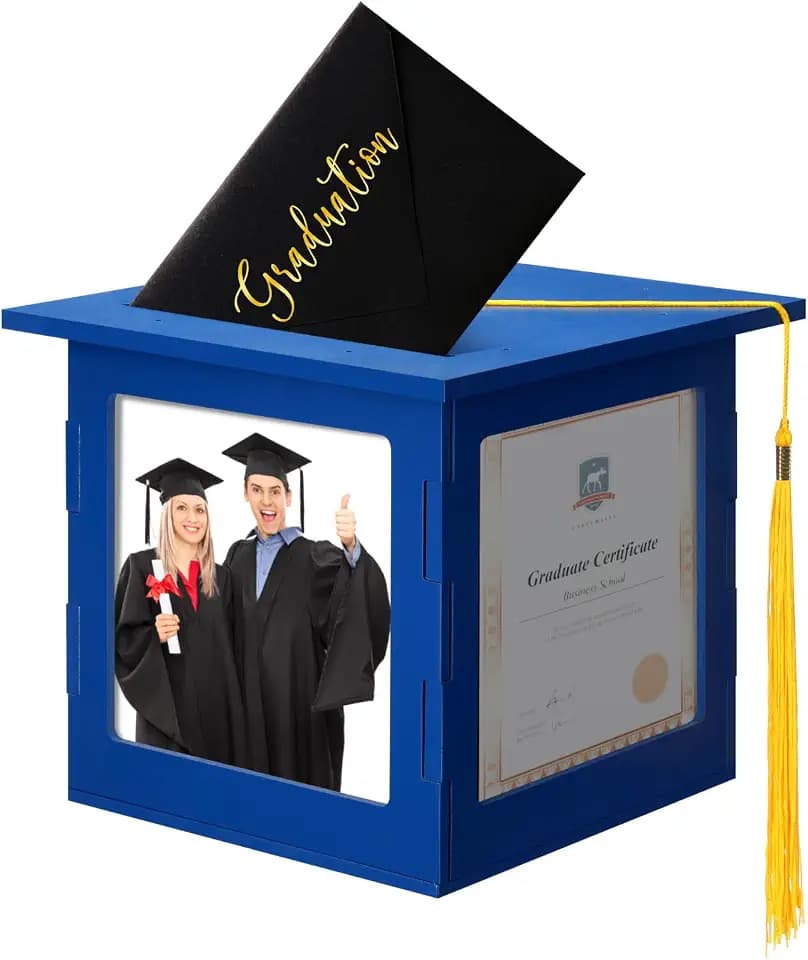 Menkxi 2026 Wooden Graduation Card Box Holder for Party with Picture Frame Graduation Cap Shaped Gift Card Box Decorations with Tassel for Grad College Party Favors(Blue)