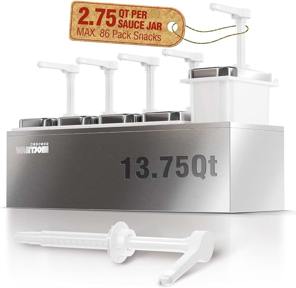 WantJoin 13.75QT Sauce Dispenser with 5 Jars - 2.75QT/2.6L Stainless Steel Condiment Pump Station, Commercial Dispenser for Ketchup, Salad Dressing, Syrup, Jam, Salsa, Restaurant