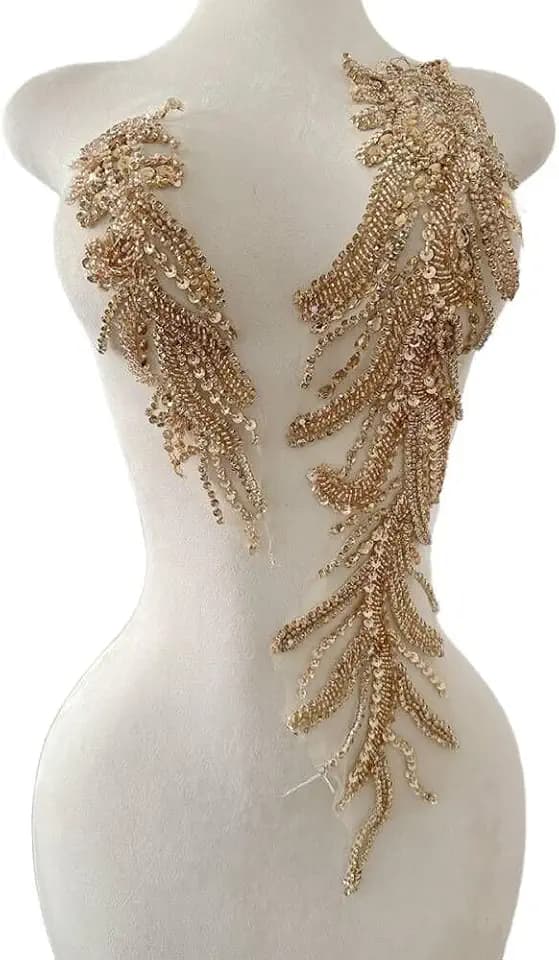 Handmade Crystal on lace Applique Sewing Rhinestones Beads Sequins Patches Trim Luxury Decoration Accessories for Wedding Dress 2PCS/Set 26.3X4.7inches (Champagne)