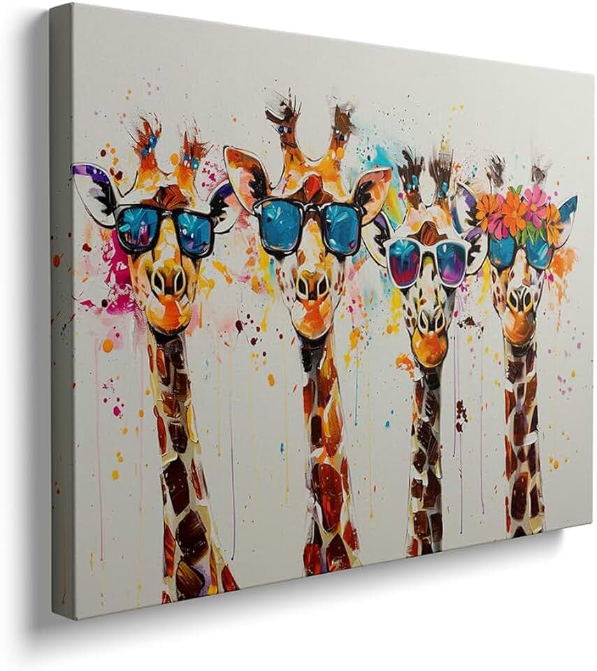 Ypxzzj Framed Cute Giraffes Canvas Wall Art Colorful Animal Posters Prints Pictures Wall Decor Modern Graffiti Painting Artwork for Living Room Bathroom Decor Ready to Hang