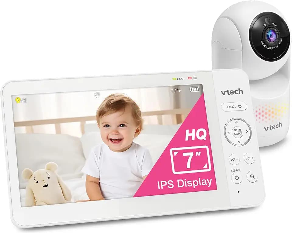 VTech Baby Monitor No WiFi, 7" IPS Screen, 5000mAh 12Hr Battery, 360° PTZ, 4X Zoom, Night Vision, Night Light, 2-Way Talk, White | Advanced HQ Max