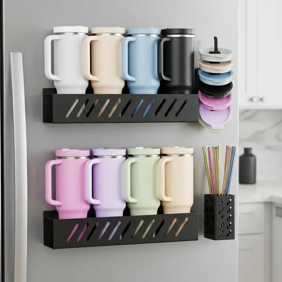 2-Pack Magnetic Stanley Cup Holder with Tumbler Lid & Straw Organizer for Full Stanley, Fits 30/40 oz Tumblers, Stores Bottle, Lid & Straw on Fridge/Iron, Removable & Easy Install