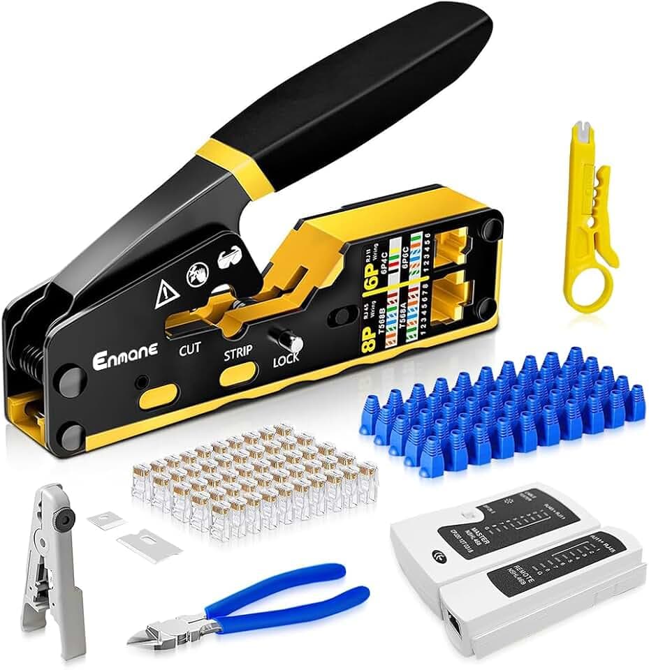 Ethernet Crimping Tool RJ45 /RJ11 Crimp Tools,CAT5 Cat5e Cat6 RJ45 Crimping Tool Kit With Multiply Cable Stripper, Blades,50PCS Cat6 Connectors, 50PCS Boots,Wire Cutter